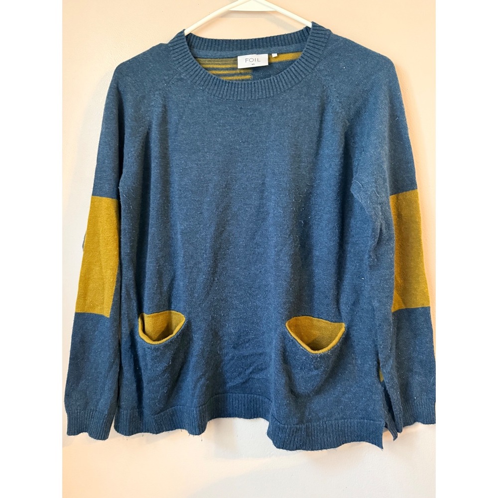 FOIL Women's‎ Blue Mustard Colorblock Knit Wool Blend Sweater Size XS Cozy